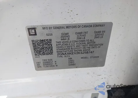 2019 Chevrolet Equinox Lt z USA, uszkodzony, nr VIN 2GNAXKEV2K6258747